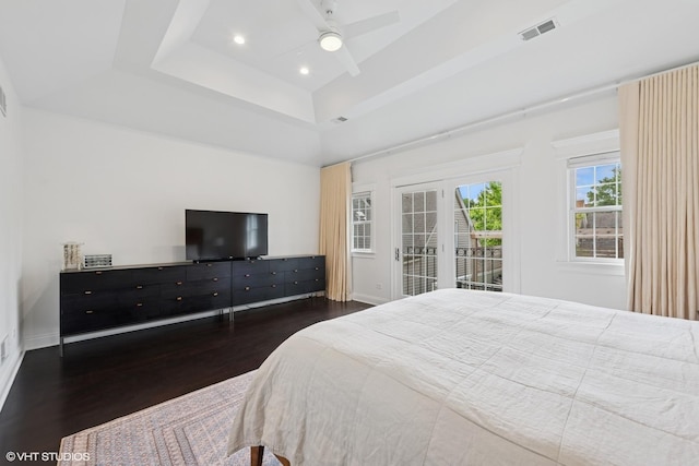 1959 W Berwyn Ave, Chicago, IL 60640 - bedroom featuring access to exterior, wood finished floors, ceiling fan, recessed lighting, and a raised ceiling