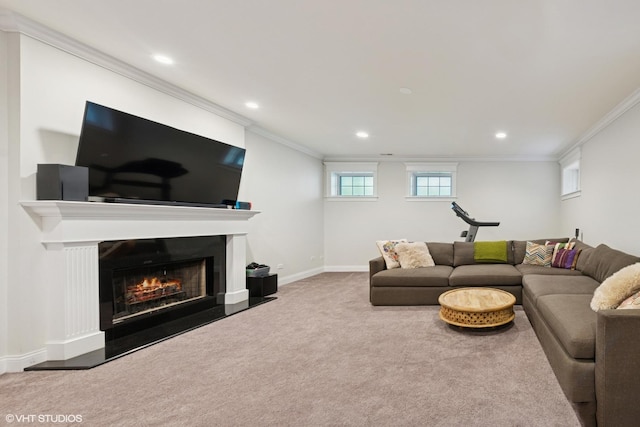 1959 W Berwyn Ave, Chicago, IL 60640 - living area featuring ornamental molding, carpet flooring, a warm lit fireplace, and recessed lighting