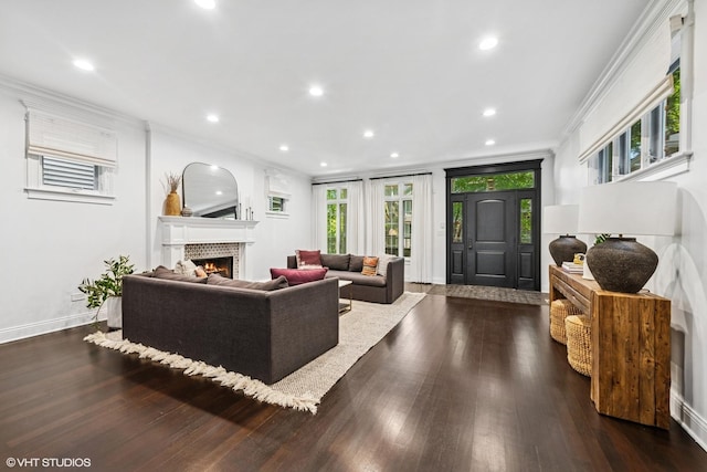 1959 W Berwyn Ave, Chicago, IL 60640 - living area with crown molding, a lit fireplace, recessed lighting, and dark wood-style flooring
