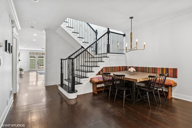 1959 W Berwyn Ave, Chicago, IL 60640 - dining room featuring hardwood / wood-style floors, stairway, a chandelier, recessed lighting, and crown molding