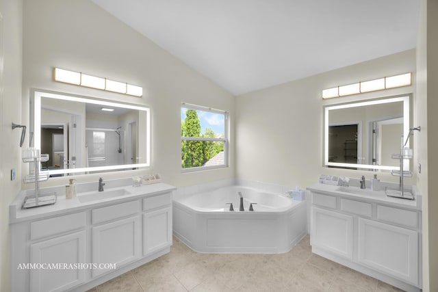 351 Tiger St, Bolingbrook, IL 60490 - full bathroom featuring vaulted ceiling, vanity, a bath, a shower, and tile patterned flooring
