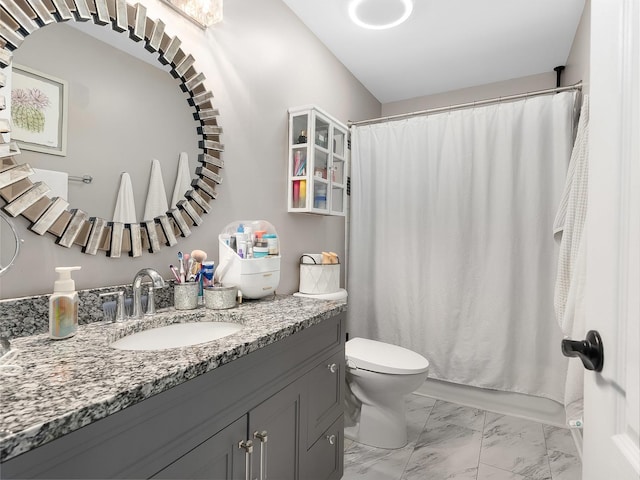 1811 Cumberland Dr, Plainfield, IL 60586 - full bathroom with vanity, marble finish floors, toilet, and a shower with shower curtain