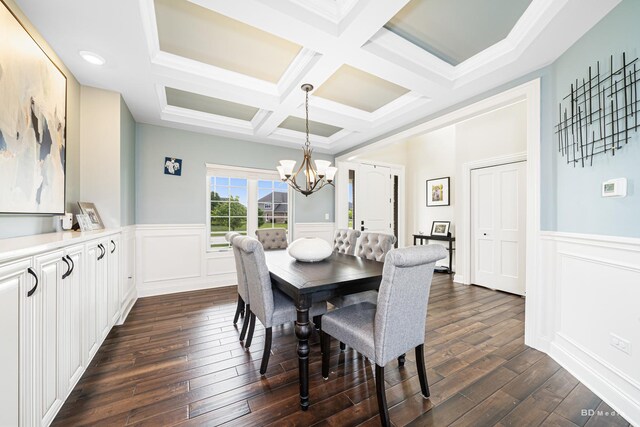 8500 Dungarvan Rd, Frankfort, IL 60423 - dining area with dark wood finished floors, beam ceiling, a chandelier, coffered ceiling, and a wainscoted wall