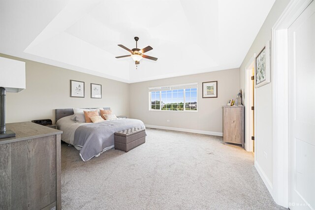 8500 Dungarvan Rd, Frankfort, IL 60423 - carpeted bedroom featuring a raised ceiling, baseboards, a wood stove, and ceiling fan