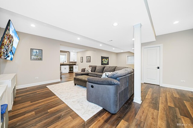8500 Dungarvan Rd, Frankfort, IL 60423 - living area with dark wood finished floors, recessed lighting, baseboards, and beverage cooler