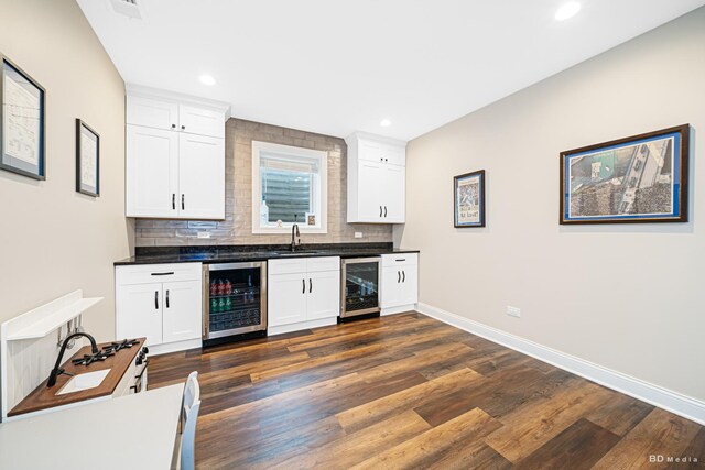 8500 Dungarvan Rd, Frankfort, IL 60423 - bar with wine cooler, dark wood finished floors, tasteful backsplash, and recessed lighting