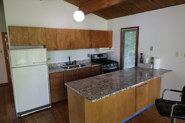 N2335 Main Rd, Lake Geneva, WI 53147 - kitchen with freestanding refrigerator, gas range, a sink, a peninsula, and under cabinet range hood