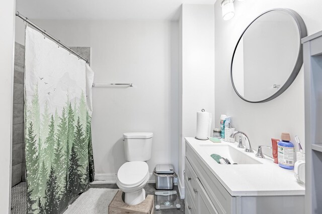 3331 S Ashland Ave, Chicago, IL 60608 - bathroom with vanity, toilet, baseboards, and curtained shower
