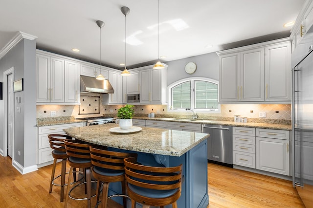 6972 W Imlay St, Chicago, IL 60631 - kitchen with appliances with stainless steel finishes, ventilation hood, a kitchen island, light wood-type flooring, and a breakfast bar area