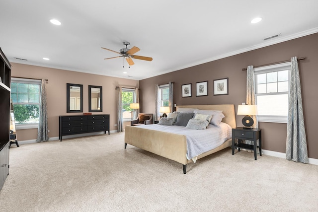 6972 W Imlay St, Chicago, IL 60631 - bedroom with light colored carpet, recessed lighting, crown molding, and ceiling fan