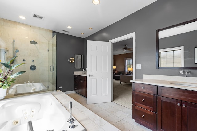 6972 W Imlay St, Chicago, IL 60631 - ensuite bathroom featuring a shower stall, two vanities, a whirlpool tub, recessed lighting, and a ceiling fan