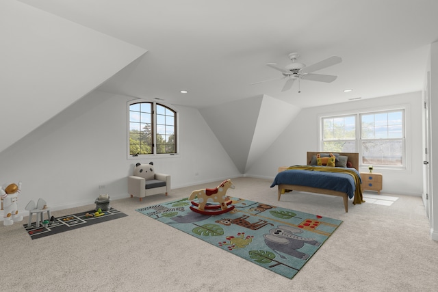6972 W Imlay St, Chicago, IL 60631 - bedroom with carpet floors, multiple windows, recessed lighting, ceiling fan, and lofted ceiling