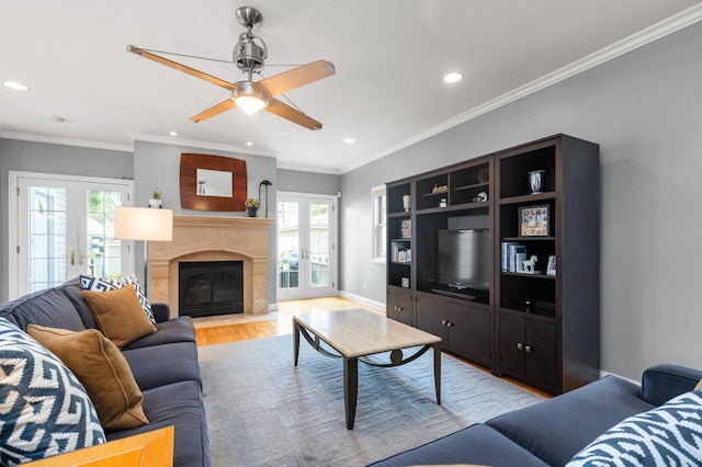 6972 W Imlay St, Chicago, IL 60631 - living area featuring light wood-style flooring, french doors, ceiling fan, recessed lighting, and ornamental molding
