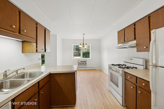 801 E Miner St Unit 1A, Arlington Heights, IL 60004 - kitchen featuring white appliances, under cabinet range hood, a sink, light wood-style flooring, and baseboard heating