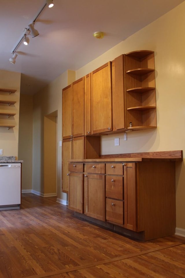 741 N Christiana Ave, Chicago, IL 60624 - kitchen featuring open shelves, rail lighting, white dishwasher, and dark wood-style floors