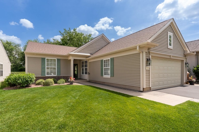 13391 Crestview Dr, Huntley, IL 60142 - ranch-style home featuring a front lawn, roof with shingles, asphalt driveway, and brick siding