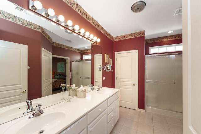 13391 Crestview Dr, Huntley, IL 60142 - full bath featuring a shower stall, double vanity, and tile patterned flooring