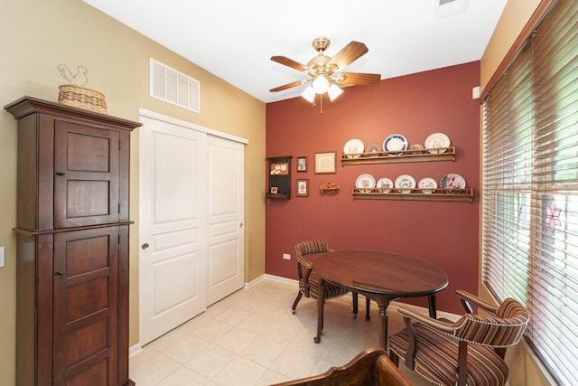 13391 Crestview Dr, Huntley, IL 60142 - dining space featuring a ceiling fan and baseboards