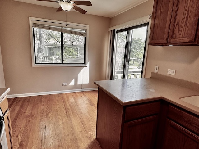 300 Pembridge Ln Unit D2, Schaumburg, IL 60193 - kitchen featuring a ceiling fan, plenty of natural light, light wood-style flooring, and a peninsula