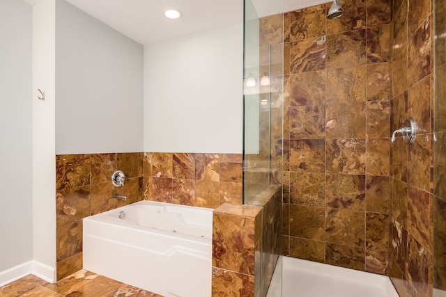 3125 W Fullerton Ave Unit 214, Chicago, IL 60647 - full bath with a garden tub, tiled shower, recessed lighting, and tile walls
