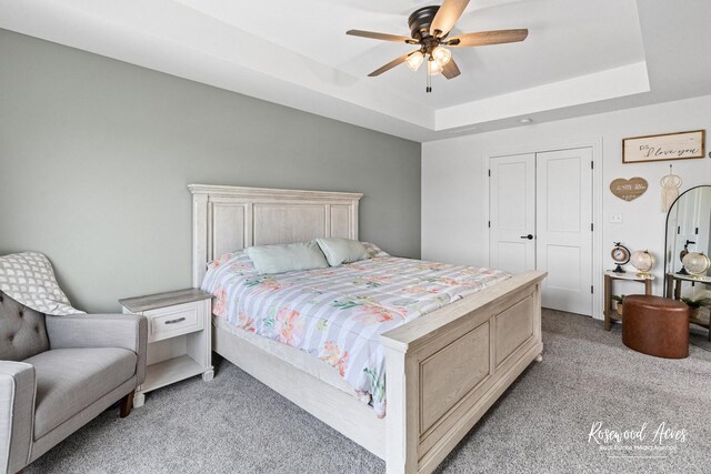 1405 Navajo Ct, Kankakee, IL 60901 - bedroom with light colored carpet, a tray ceiling, and ceiling fan
