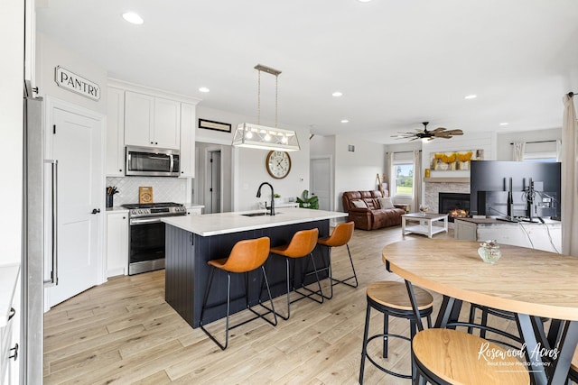 1405 Navajo Ct, Kankakee, IL 60901 - kitchen featuring appliances with stainless steel finishes, a sink, a glass covered fireplace, light wood-style flooring, and white cabinets