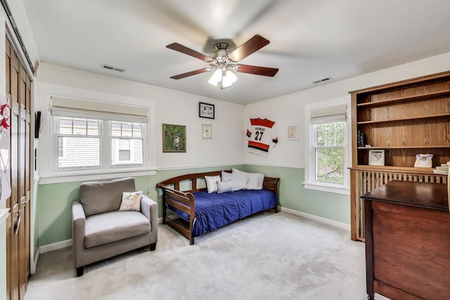 1350 Saint Johns Ave, Highland Park, IL 60035 - bedroom featuring carpet flooring, baseboards, ceiling fan, and ornamental molding