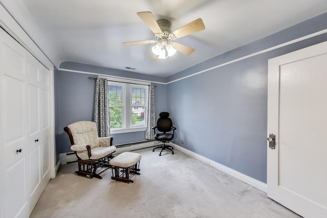 1350 Saint Johns Ave, Highland Park, IL 60035 - living area featuring carpet, baseboard heating, baseboards, and a ceiling fan