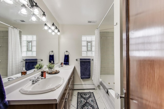 1350 Saint Johns Ave, Highland Park, IL 60035 - bathroom with tile patterned floors, baseboard heating, double vanity, and shower / tub combo