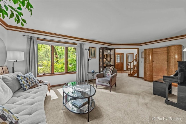 5N538 Hidden Springs Dr, Saint Charles, IL 60175 - carpeted living room featuring crown molding and stairs