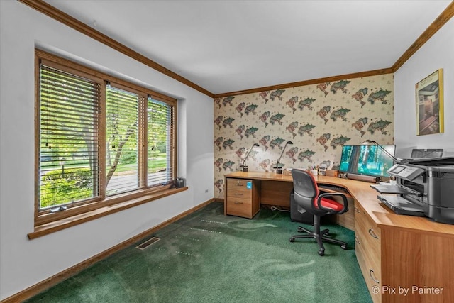 5N538 Hidden Springs Dr, Saint Charles, IL 60175 - home office featuring crown molding, carpet, and wallpapered walls