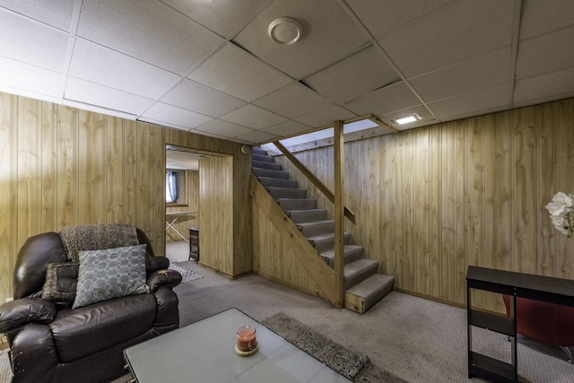 1851 Salem Ct, Gurnee, IL 60031 - below grade area with carpet, stairway, wooden walls, and a paneled ceiling