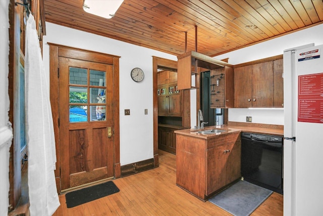 310 Davidson Dr, Champaign, IL 61821 - kitchen with dishwasher, freestanding refrigerator, a peninsula, wooden ceiling, and light wood finished floors