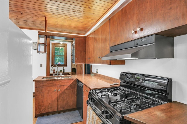 310 Davidson Dr, Champaign, IL 61821 - kitchen featuring range with gas stovetop, wood ceiling, under cabinet range hood, dishwasher, and brown cabinets
