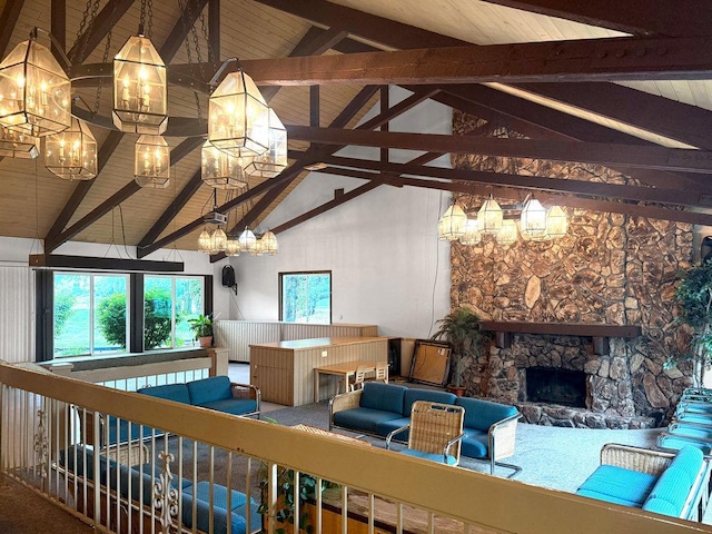 15704 Orlan Brook Dr Unit 163, Orland Park, IL 60462 - living room featuring a chandelier, wood ceiling with exposed beams, a stone fireplace, and high vaulted ceiling