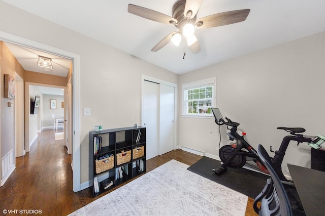 710 Western Ave, Glen Ellyn, IL 60137 - workout area with wood finished floors, ceiling fan, and baseboards
