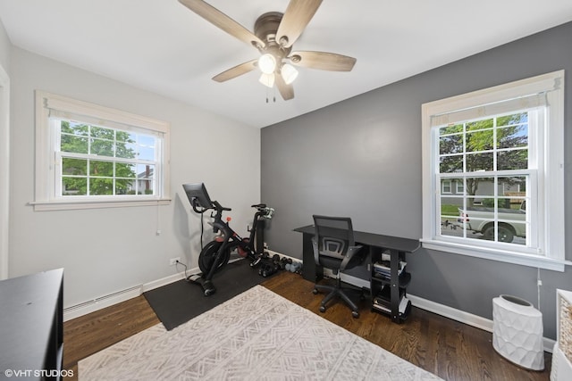 710 Western Ave, Glen Ellyn, IL 60137 - workout room featuring a baseboard radiator, dark wood finished floors, ceiling fan, and baseboards