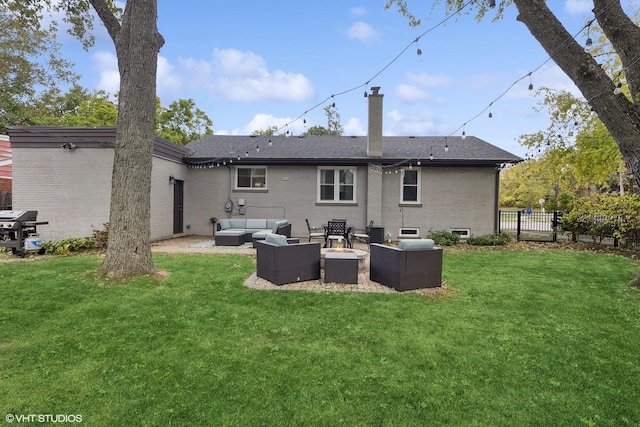 710 Western Ave, Glen Ellyn, IL 60137 - rear view of house featuring an outdoor living space, a chimney, brick siding, cooling unit, and a patio