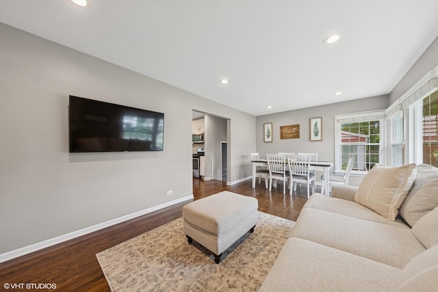 710 Western Ave, Glen Ellyn, IL 60137 - living room with baseboards, dark wood-style floors, and recessed lighting