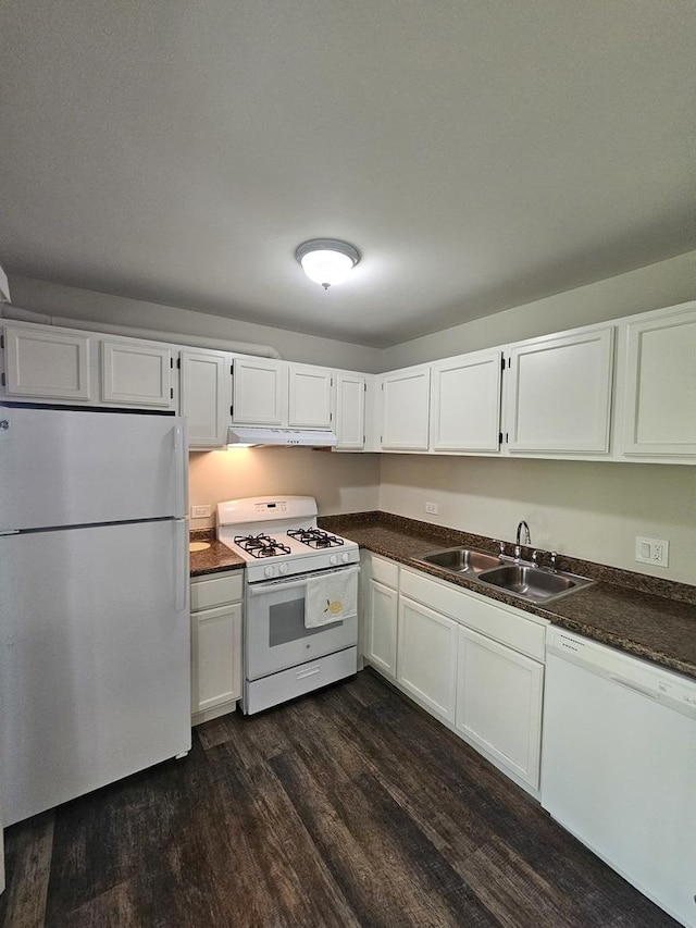 78 N Victoria Ln Unit F, Streamwood, IL 60107 - kitchen with white appliances, a sink, dark wood finished floors, under cabinet range hood, and white cabinetry
