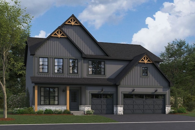 23211 W Teton Ln, Plainfield, IL 60585 - modern farmhouse style home featuring stone siding, roof with shingles, a garage, and asphalt driveway