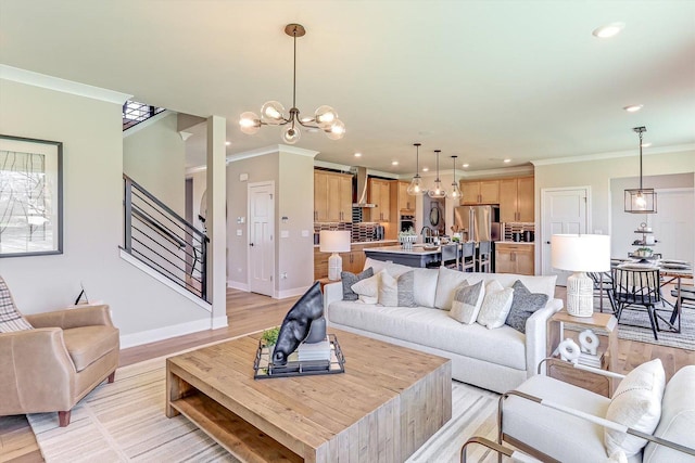 23211 W Teton Ln, Plainfield, IL 60585 - living room with crown molding, a chandelier, light wood-type flooring, recessed lighting, and stairway