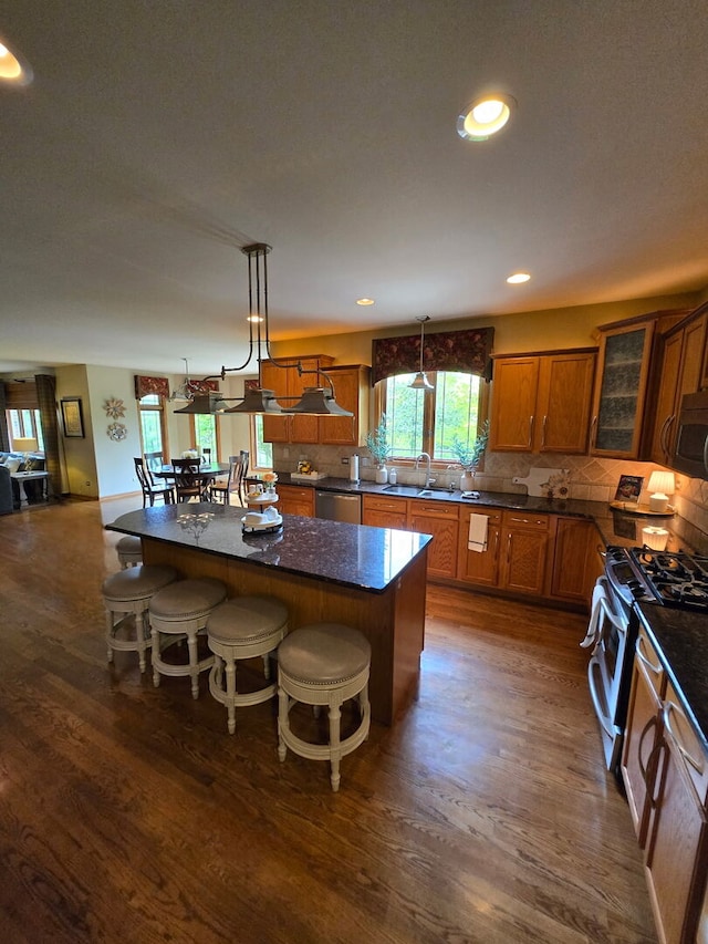 10880 Swallow Tail Ln, Frankfort, IL 60423 - kitchen featuring appliances with stainless steel finishes, brown cabinetry, a center island, a kitchen breakfast bar, and dark wood-style floors