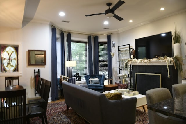 5206 N Winthrop Ave Unit 1, Chicago, IL 60640 - living room with ornamental molding, ceiling fan, wood finished floors, a fireplace, and recessed lighting