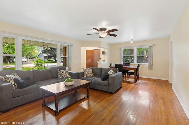 4N312 Kenwood Ave, West Chicago, IL 60185 - living room featuring wood-type flooring, ceiling fan, and baseboards