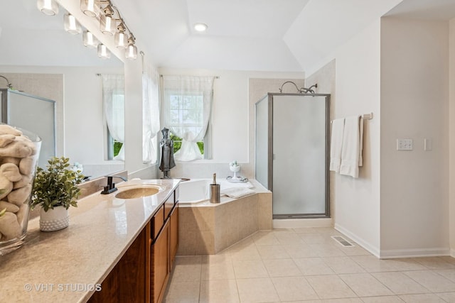 900 Legacy Rdg, Algonquin, IL 60102 - bathroom featuring a stall shower, a garden tub, vanity, and tile patterned flooring