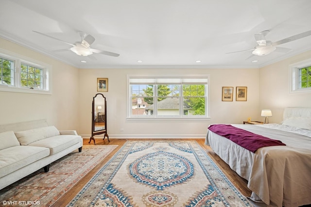 739 Forest Ave, Evanston, IL 60202 - bedroom featuring wood finished floors, crown molding, baseboards, recessed lighting, and ceiling fan