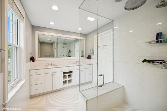 739 Forest Ave, Evanston, IL 60202 - full bath featuring a shower stall, double vanity, and recessed lighting