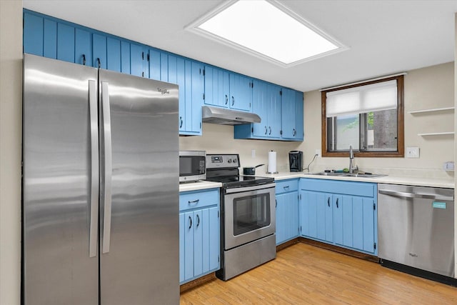 1803 Oliver Dr Unit 3, Urbana, IL 61802 - kitchen featuring appliances with stainless steel finishes, under cabinet range hood, blue cabinets, a sink, and light wood finished floors