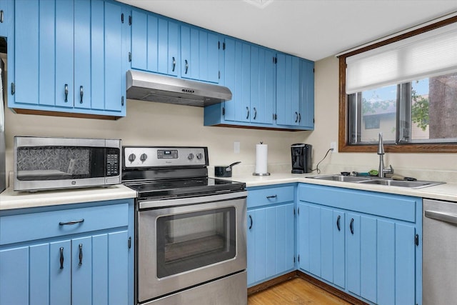 1803 Oliver Dr Unit 3, Urbana, IL 61802 - kitchen featuring under cabinet range hood, stainless steel appliances, blue cabinets, a sink, and light countertops